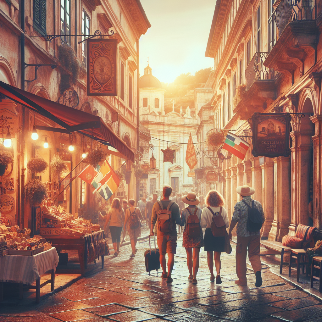 Reisende i en historisk europeisk gate, varme farger, kulturelle detaljer som markedsboder og museer i bakgrunnen, stemningsfullt og innbydende