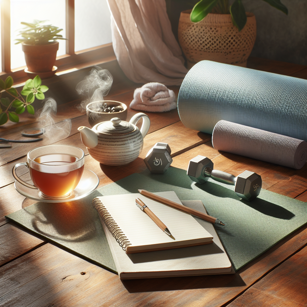 Rolig, innbydende scene med naturlys: en kopp te, yoga-matte, notatbok, og lette treningsvekter på en trebordflate, symboliserer helhetlig velvære