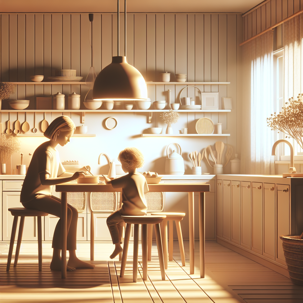 Omsorgsfull norsk husholdning: en voksen og et barn som leker ved kjøkkenbordet, varmt lys, rolig hjemmemiljø, trygge rutiner, nordisk stil