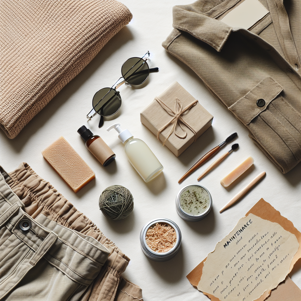 Et stilrent flatlay-bilde med en minimalistisk capsule garderobe i nøytrale farger, naturlige skjønnhetsprodukter, et par klassiske solbriller og et notat om vedlikehold.