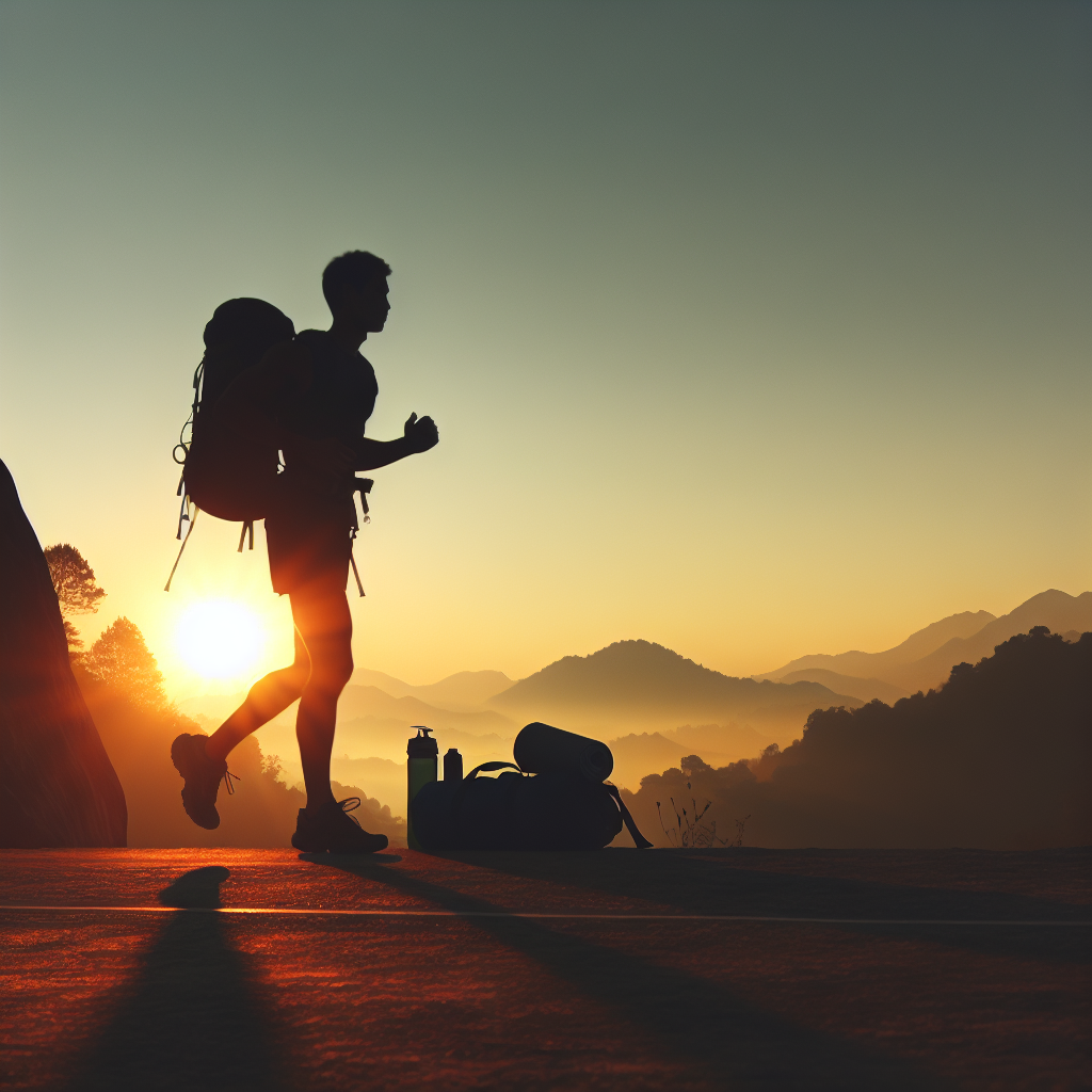 En motivert utøver alene på en trening: silhuett av løper/klatrer med treningsutstyr, rolig morgenlys, minimalistisk og inspirerende