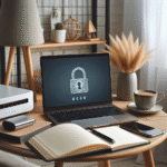 En moderne, trygg hjemmearbeidsplass: laptop med hengelås-ikon på skjermen, ruteren i bakgrunnen, notatbok med passord-symboler, nøytrale farger og nordisk interiørstil