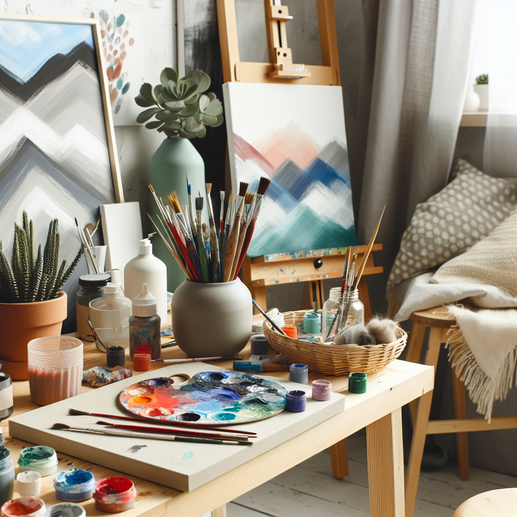 Nærbilde av et kreativt atelier: malerpensler, fargepalett og halvferdige lerreter i et lyst, nordisk rom