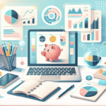 Illustrasjon av personlig økonomi: en moderne hjemme-pult med laptop, notatbok, sparegris og diagrammer som viser sparing og investering, luftig og lys stil