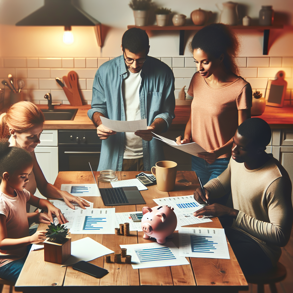 Foto av en familie ved kjøkkenbordet med budsjettark, laptop og sparegris; varmt lys, moderne hjemmemiljø, fokus på organisasjon og økonomisk kontroll