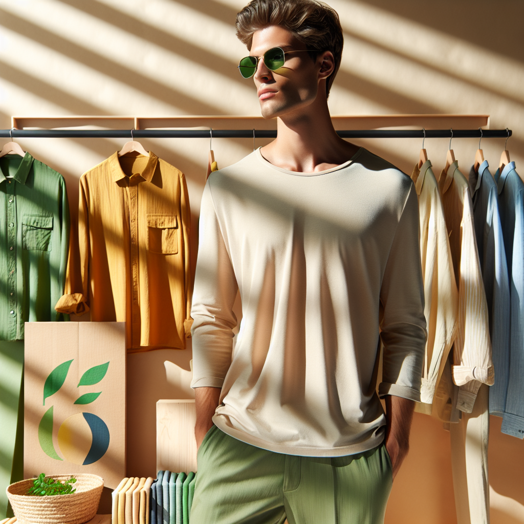 Stilfull person i naturlig lys med solbriller, bærekraftige klær i bakgrunnen, moderne og lyse fargetoner, minimalistisk komposisjon