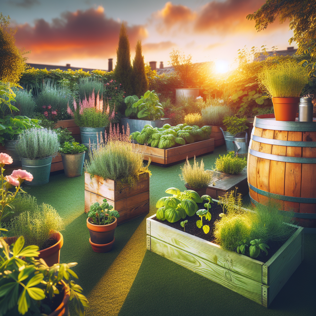 Lys, innbydende hage med små høysenger, regnvannstønne, urter i krukker og noen blomster, nordisk stil, varmt ettermiddagslys