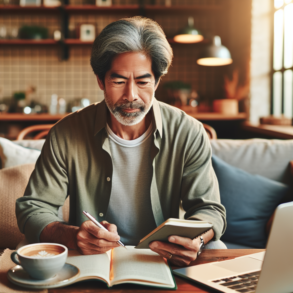 En voksen person som studerer norsk hjemme: laptop, notatbok, kaffekopp og naturlig lys, varm og inspirerende atmosfære, moderne interiør