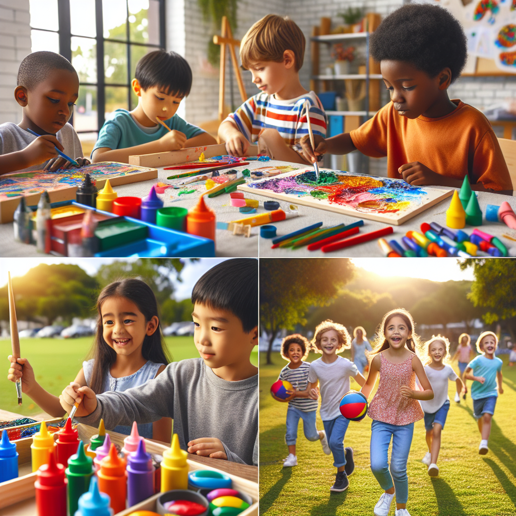 Glade barn som leker både inne og ute: fargerike materialer, kreativt verksted, park i bakgrunnen, trygg og inkluderende atmosfære